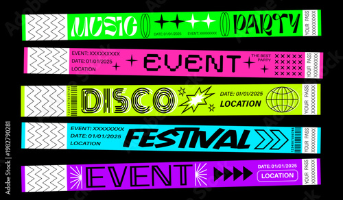 Club pass, event party y2k bracelet, festival and concert tickets. Vector acid color paper wristbands with retro y2k stars, futuristic globes and geometric shapes. Disco rave party pass bracelets set