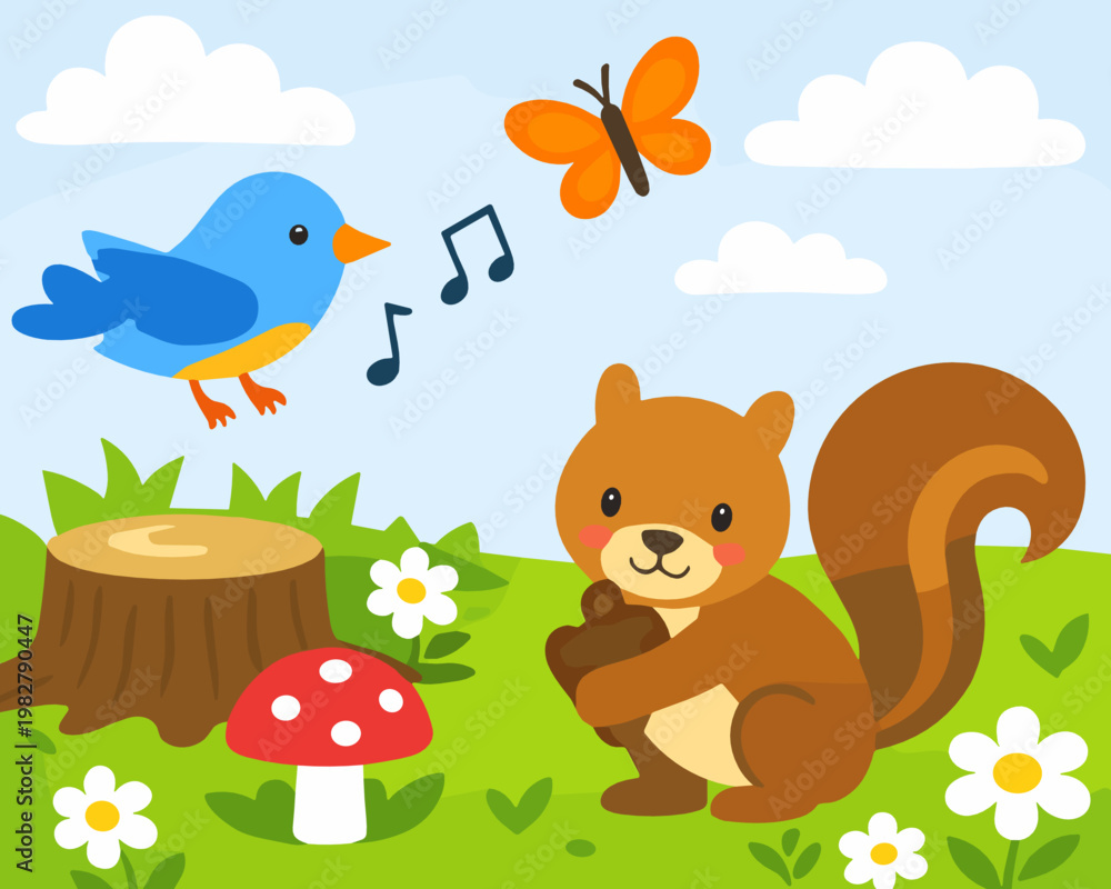 Naklejka premium Cute squirrel near a tree stump with butterfly, blue bird, mushroom and flowers under a cloudy sky. Playful woodland spring scene with music notes and cheerful wildlife mood.