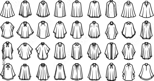 Fashion Clothing Apparel Cape Poncho Garments Outline Line Art Vector Icons Set. Collection of diverse cloak and shawl styles.