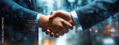 Two professionals in suits shaking hands with a glowing digital network overlay against a blurred futuristic city backdrop, conveying trust and collaborative partnership