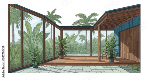 Modern Tropical Courtyard with Glass Walls and Lush Greenery
