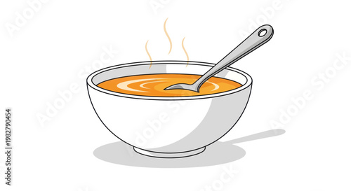 Hot Soup Bowl with Spoon, Steaming Food Illustration