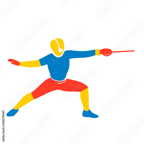 Colorful fencing athlete silhouette in lunge position with foil, expressing precision, speed and tactical focus in an elegant combat sport scene.