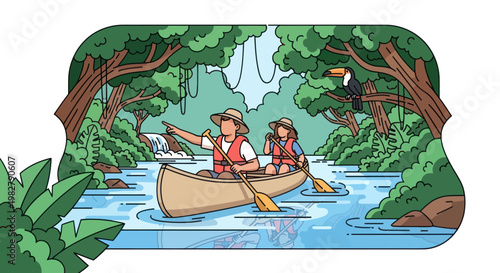 People Canoeing Down River in Lush Jungle with Toucan