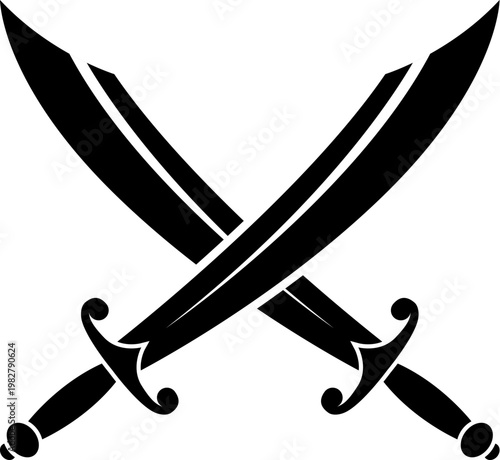 Pirate captain crossed blades and swords heraldic symbol. Warrior crossed sabers isolated symbol, pirate ancient blades vector sign. Corsair weapon, swords monochrome icon or emblem