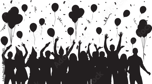 Silhouette of people celebrating with balloons and confetti