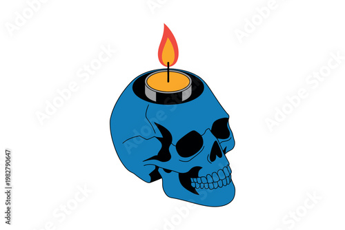 Skull holds a burning candle as a dark symbolic artistic element.