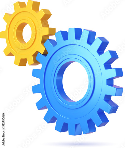 3d engine gear icon, cogwheel mechanism. Bright yellow and cool blue 3d gear and cogwheel, rendered with volumetric lighting and precision. Mechanical vector icon for technical branding