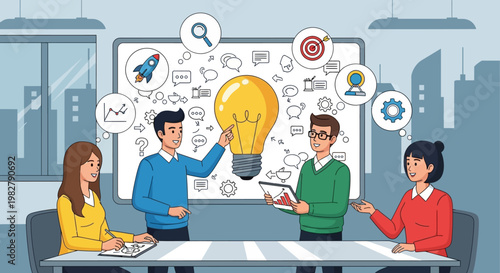 Team brainstorming ideas, innovation, startup growth, and business strategy with a lightbulb