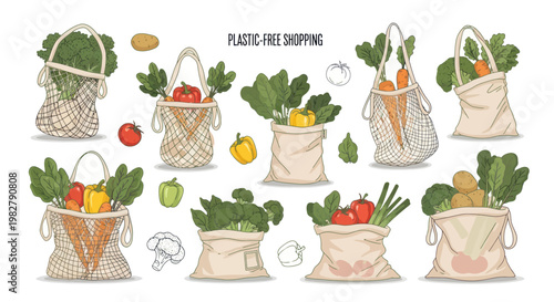 Eco-friendly shopping bags filled with fresh vegetables and fruits, plastic-free concept