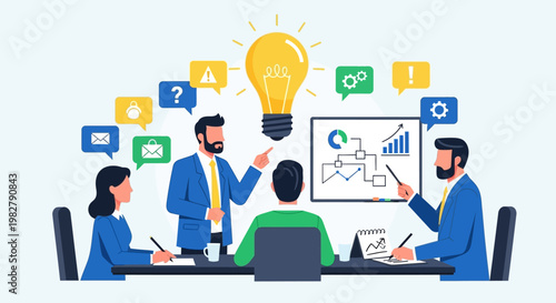 Business team brainstorming ideas, planning strategy, and presenting solutions with a lightbulb symbol.