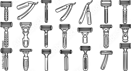 Personal Care Grooming Razors Set - Black and White Line Art Icons. Collection of Modern and Vintage Shaving Tools for Barber Shops and Hygiene Products.