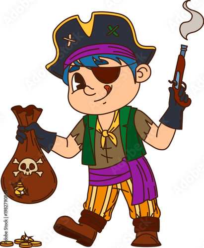 Boy kid pirate fighter cartoon cheerful character. Child pirate skipper happy character, corsair crew kid boatswain cute vector personage. Sailor bandit mascot with pistol and sack of golden coins