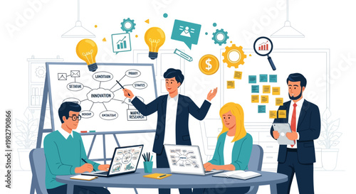 Business team brainstorming innovative ideas at a whiteboard presentation, collaboration, strategy, planning