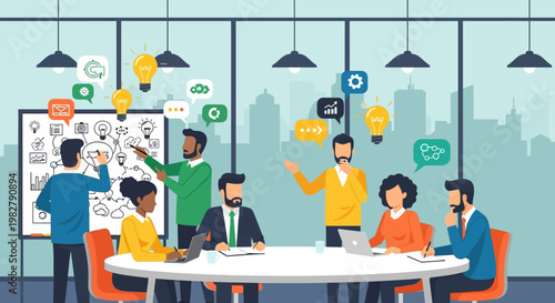 Business team collaborating on strategy and ideas in a modern office meeting room
