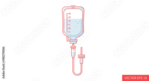 Medical IV Drip Bag Infusion with Tube and Connector, Vector Illustration