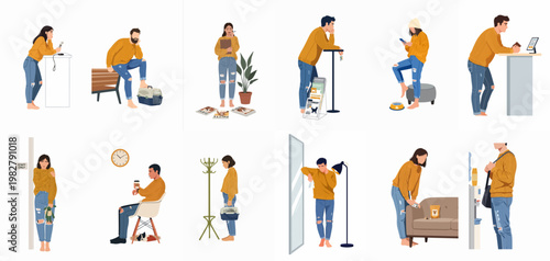 Flat vector illustration set of diverse people waiting in a veterinary clinic lobby, featuring pet owners with carriers, checking in, and feeling anxious.