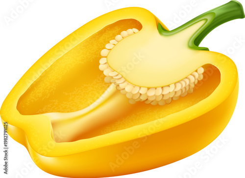 Realistic ripe raw yellow bell pepper vegetable half. Isolated 3d vector natural fresh, healthy food, paprika plant. Bulgarian pepper veggie, eco farm production, farming crop, cooking ingredient