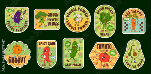 Vegetable groovy label stickers, ripe veggies harvest retro patches, vector farm food. Cartoon funky tomato, pepper, avocado and spinach mascots stickers. Groovy broccoli and carrot vegetables labels