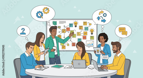 Diverse team collaborating on project strategy with sticky notes on a whiteboard