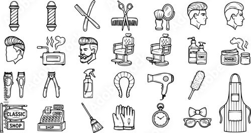 Hand Drawn Barbershop Tools and Men's Grooming Line Art Icons Collection