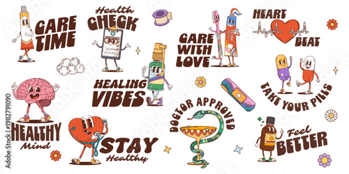 Medicine Y2K groovy stickers and funky health care characters, cartoon vector. Funny groovy medical characters of heart and brain with pills and spray or patches with toothpaste and toothbrush