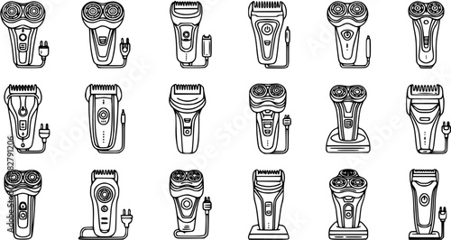 Personal Care Electric Shavers and Trimmers Black  White Line Art Icon Set. Modern Grooming Appliances Collection for Men's Hygiene.