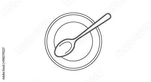 Minimalist outline drawing of a spoon on a plate, simple kitchen utensil icon