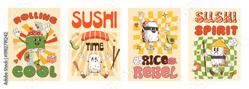 Groovy japanese sushi and roll character posters. Retro y2k funny asian cuisine food vector posters of cartoon groovy nigiri, gunkan and onigiri sushi characters with chopsticks, salmon and avocado
