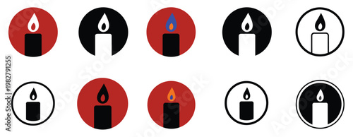 Candle Icons In Black And Yellow Circular Designs, Minimal Candle Flame Symbol Set With Bold Contrast Colors, Decorative Light Icons For Celebration, Relaxation, Spiritual Themes