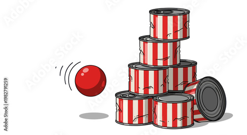 Red Ball Aiming at Stacked Cans Carnival Game
