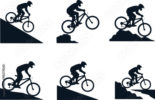 Mountain bike rider cycling downhill and jumping on various terrain silhouettes.
