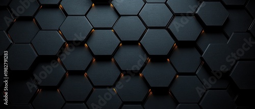 sleek dark three-dimensional hexagonal tile grid with subtle warm orange edge lighting, futuristic geometric honeycomb pattern conveying mystery and high-tech minimalism