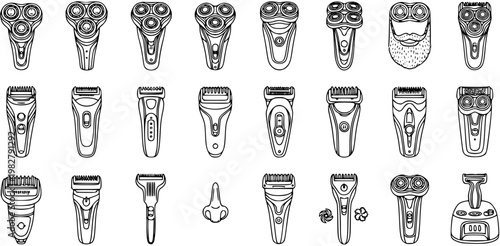 Electric Shavers and Trimmers Black  White Line Art Icons Set. Personal Care Grooming Tools for Men's Hygiene. Rotary, Foil Razors.