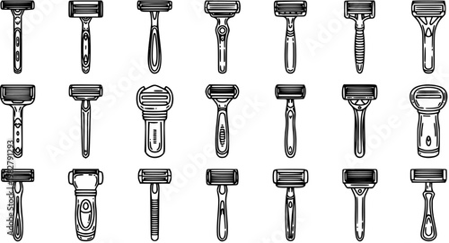Hygiene and Personal Care Razors Line Art Icons. Outline Collection of Shaving Devices and Tools for Grooming.