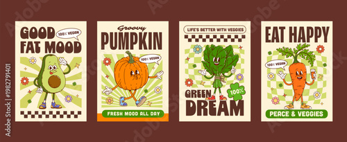 Funky groovy hippie vegetable and fruit characters posters with cartoon veggie food mascots. Vector cute carrot with glass of juice and bunch of spinach posters. Groovy avocado and pumpkin characters