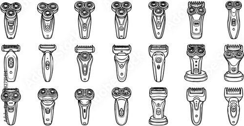Personal Grooming Electric Shavers and Razors Set in Black and White Line Art Style. Collection of Modern Men's Trimmers and Shaving Devices Icons.
