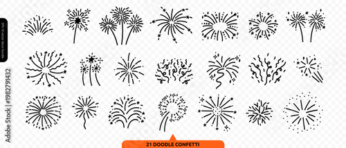 Celebrate Confetti Firework Icon Doodles Kit. Doodle Firecracker Confetti in Sketchy Hand Drawn Line Art Bundle. Vector Illustration in Transparent Png Background