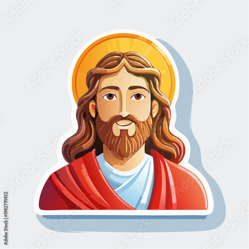Cheerful flat design illustration of Jesus Christ with a radiant halo and warm smile, styled as a contemporary sticker for inspiring faith-based content and spiritual projects