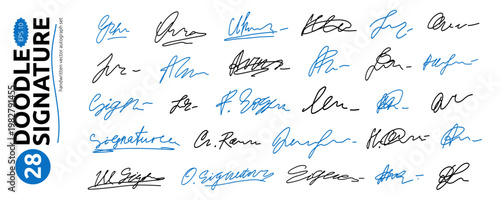 Doodle Blue and Black Fake Signature Set. Fake Signature Autograph Sign Sample Kit. Random Hand Name Handwritten Autograph Collection. Vector Line Illustration Clipart Graphic Elements