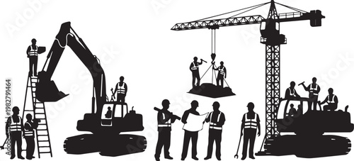 Construction workers on heavy machinery at work site