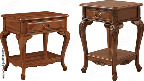 Ornate wooden side tables with drawers, polished finish, carved legs, traditional furniture design, decorative craftsmanship, elegant interior decor artwork