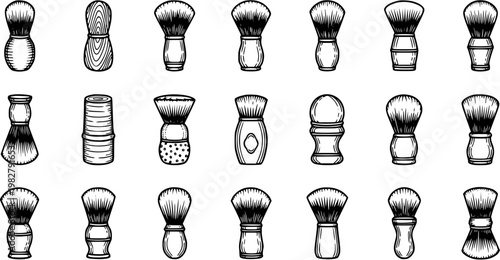 Traditional Men's Grooming Shaving Brushes Hand-drawn Black and White Line Art Icons Set for Barber Shop and Personal Care Designs
