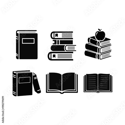 Book Silhouette Set – Stack of Books, Open Book and Education Icons Black Vector Illustration