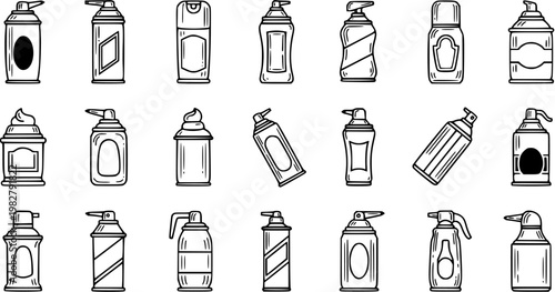 Beauty and Personal Care Bottles and Cans Hand-Drawn Line Art Outline Icons Set. Various Cosmetic and Household Product Dispenser and Aerosol Containers.