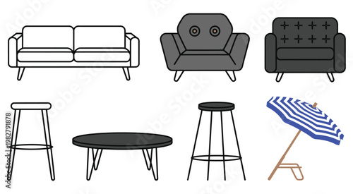 Furniture set illustration, sofa chairs stools table and umbrella vector collection in modern flat design style, representing outdoor and indoor seating arrangement for home decor