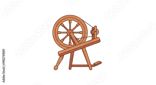 Vintage wooden spinning wheel, traditional textile craft, handmade wool production