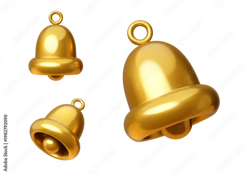 Fototapeta premium 3d golden bell phone notification realistic icon. Phone notification metal isolated vector symbol, Christmas and Easter decoration shiny bell. Reminder or alarm 3D golden icon or doorbell sign