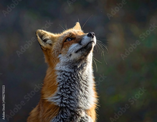 A captivating close-up portrait of a red fox gazing upwards with keen interest