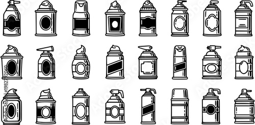 Black and White Line Art Icons of Spray Cans for Beauty and Grooming